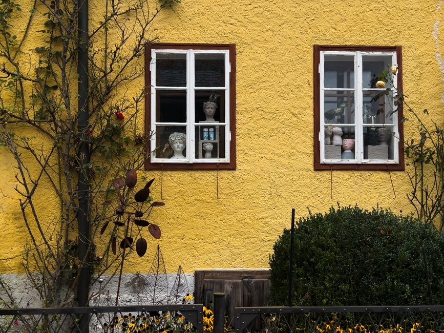 Yellow painted house front with two white framed windows